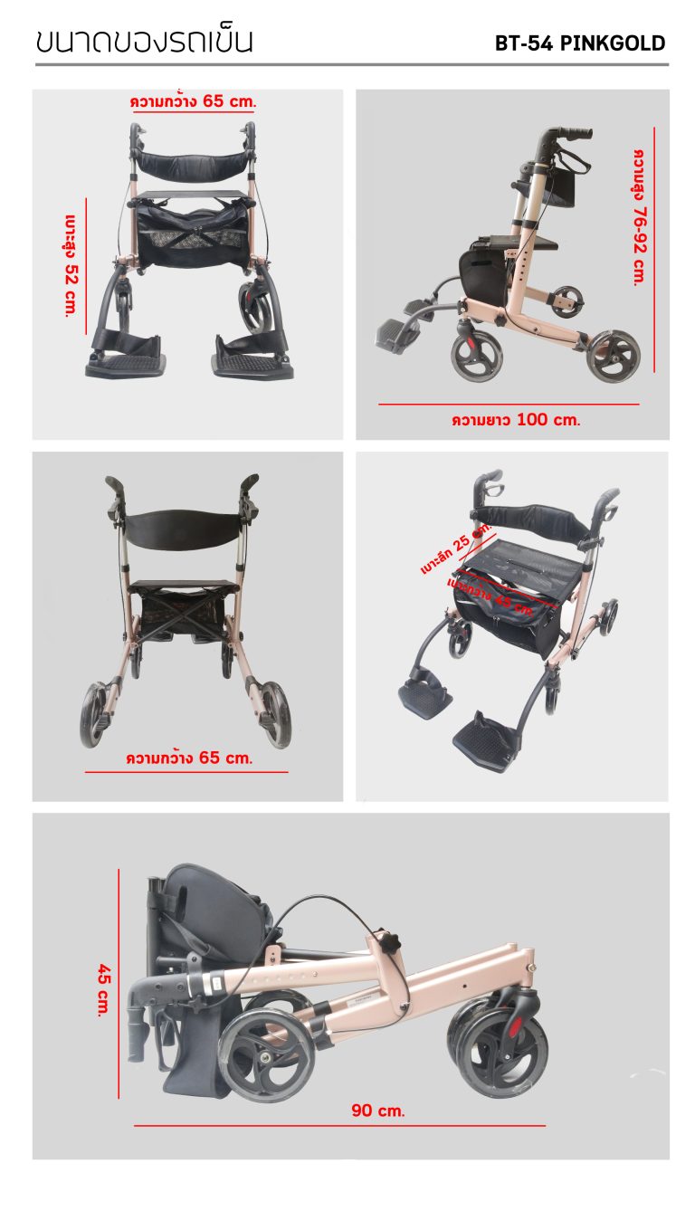 รถเข็นช่วยเดิน พยุงเดิน ผู้สูงอายุ คนชรา ผู้ป่วย Rollator รุ่น BT-54-Pinkgold